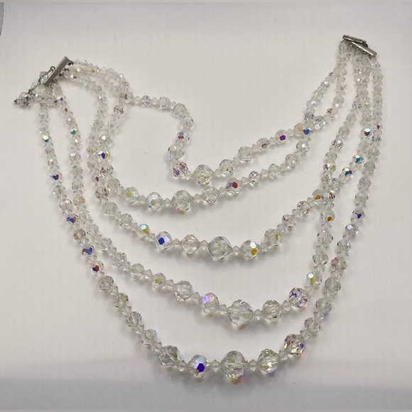 Aurora Borealis AB Five Strand Faceted Crystal Glass Choker Necklace Vintage - Picture 3 of 12